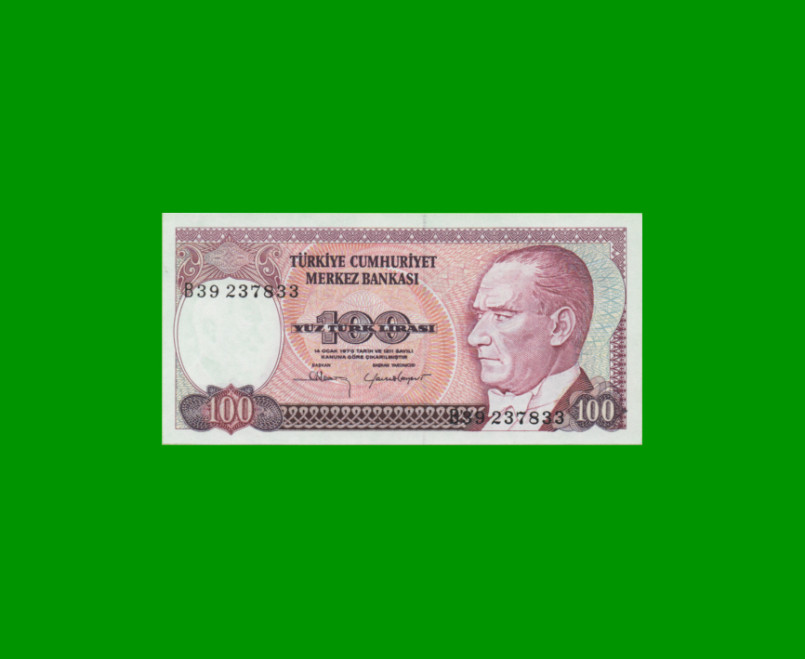 BILLETE DE TURQUIA 100 LIRAS, PICK 194a, AÑO L. 1970 (1984), ESTADO SIN CIRCULAR.-