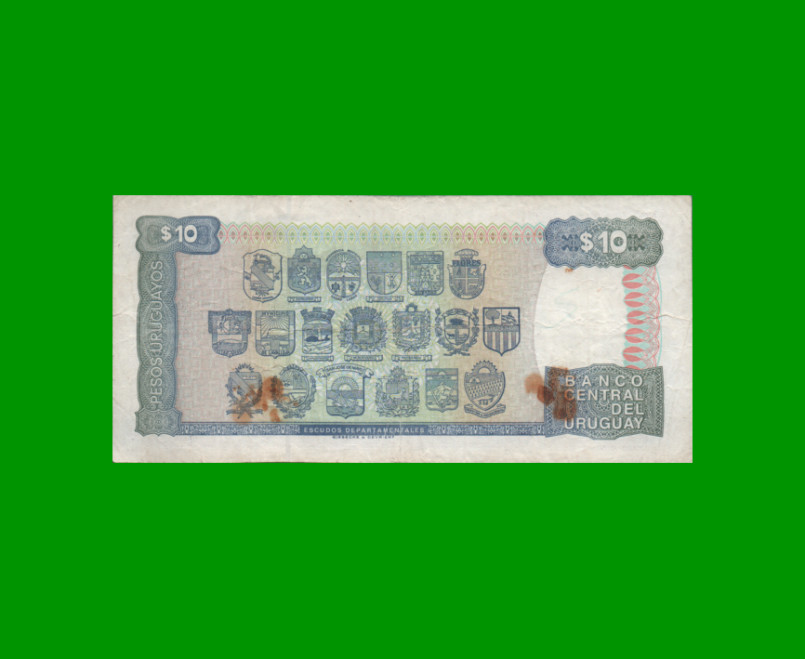 BILLETE DE URUGUAY $10,00 PICK 73Ba, AÑO 1995, SERIE A, ESTADO BUENO+.- - Imagen 2