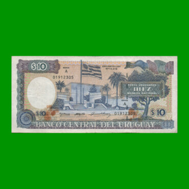 BILLETE DE URUGUAY $10,00 PICK 73Ba, AÑO 1995, SERIE A, ESTADO BUENO+.-