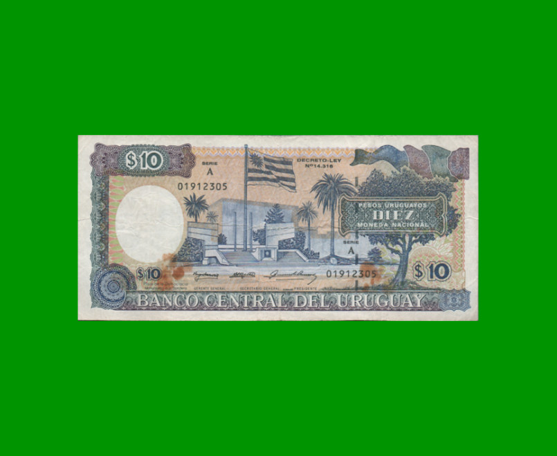 BILLETE DE URUGUAY $10,00 PICK 73Ba, AÑO 1995, SERIE A, ESTADO BUENO+.-