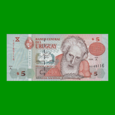 BILLETE DE URUGUAY $5,00 PICK 80, AÑO 1998, SERIE A, ESTADO SIN CIRCULAR.-