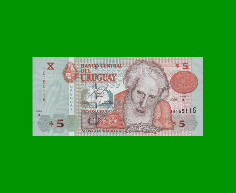 BILLETE DE URUGUAY $5,00 PICK 80, AÑO 1998, SERIE A, ESTADO SIN CIRCULAR.-