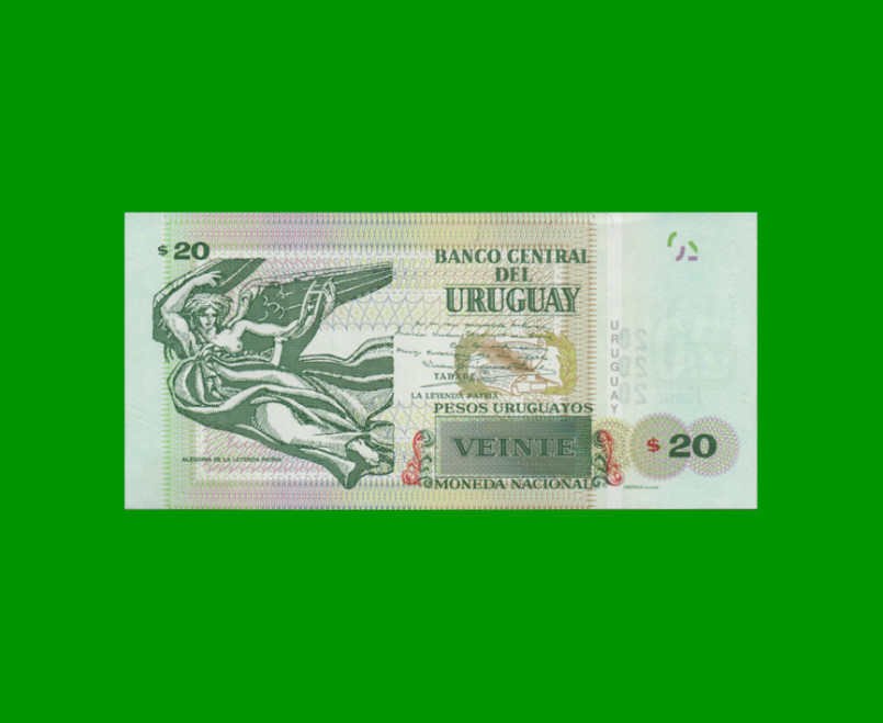 BILLETE DE URUGUAY $20,00 PICK 93, AÑO 2015, SERIE G, ESTADO SIN CIRCULAR.- - Imagen 2