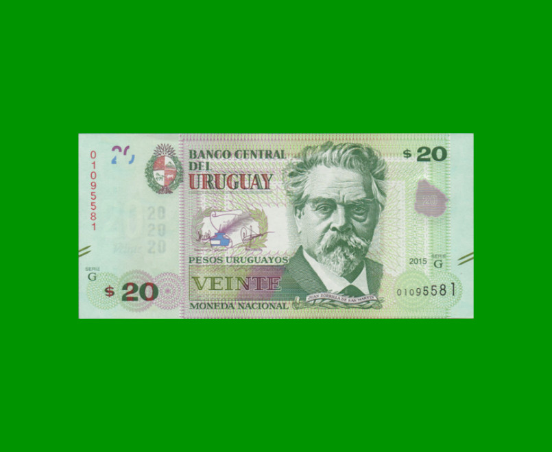 BILLETE DE URUGUAY $20,00 PICK 93, AÑO 2015, SERIE G, ESTADO SIN CIRCULAR.-