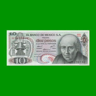 BILLETE DE MEXICO $10,00 PICK 63g, AÑO 1974, ESTADO EXCELENTE+.-