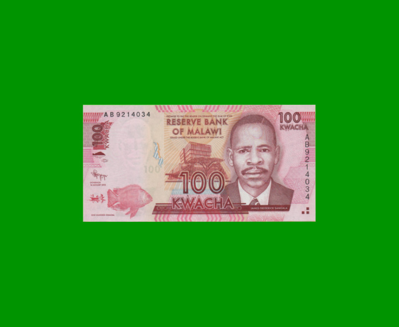 BILLETE DE MALAWI 100 KWACHA, PICK 59a, AÑO 2012 ESTADO SIN CIRCULAR.-