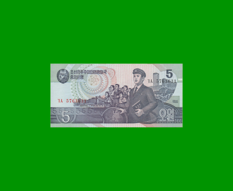 BILLETE DE COREA DEL NORTE 5 WON, PICK 40b, ESTADO SIN CIRCULAR.-