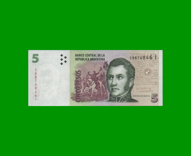 PESOS CONVERTIBLES 2do DISEÑO $5,00, BOT 3335, AÑO 2014, ESTADO EXCELENTE+.-