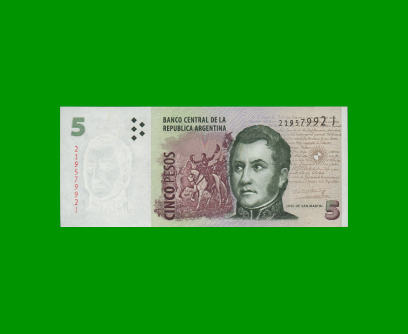 PESOS CONVERTIBLES 2do DISEÑO $5,00, BOT 3336, AÑO 2015, ESTADO EXCELENTE+.-