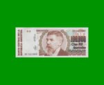 BILLETE DE AUSTRALES, 100.000 AUSTRALES, BOT 2895, AÑO 1991, ESTADO EXCELENTE.-