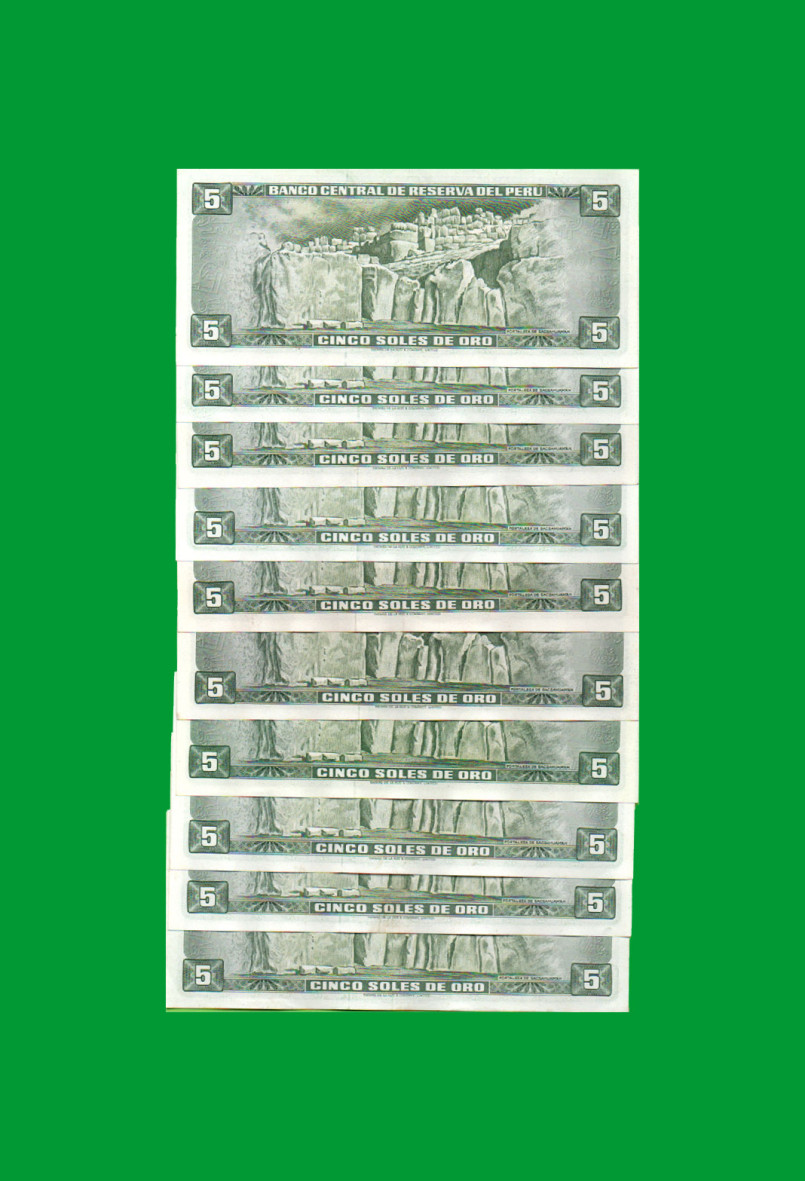 SET DE (10) BILLETES DE PERU, 5 SOLES, PICK 99c, AÑO 1973, ESTADO EXCELENTE+ .- - Imagen 2