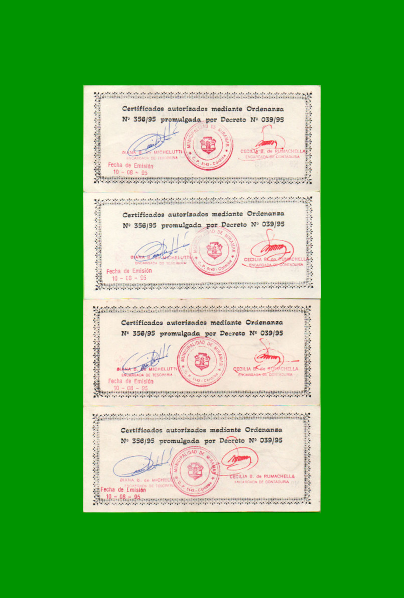 SERIE COMPLETA DE BONOS MUNICIPALIDAD DE MIRAMAR DE ANSENUZA (4) BILLETES, 1, 5, 10 Y 50 PESOS, AÑO EMISION 10/08/1995, ESTADO EXCELENTE+ .- - Imagen 2