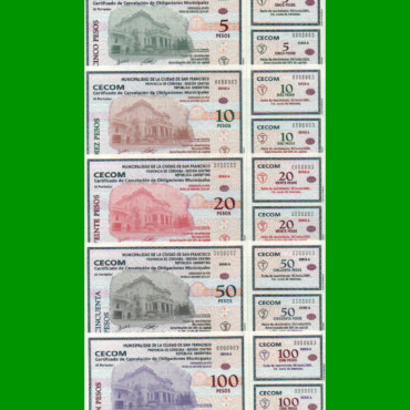 SERIE COMPLETA DE BONOS MUNICIPALIDAD DE SAN FRNACISCO (5) BILLETES, MISMO NRO DE SERIE, AÑO 2001, ESTADO SIN CIRCULAR.-