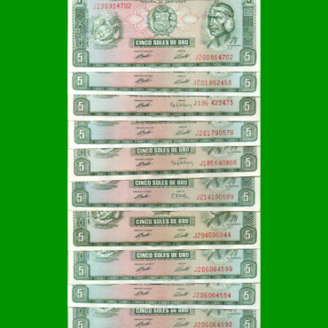 SET DE (10) BILLETES DE PERU, 5 SOLES, PICK 99c, AÑO 1973, ESTADO EXCELENTE+ .-