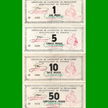 SERIE COMPLETA DE BONOS MUNICIPALIDAD DE MIRAMAR DE ANSENUZA (4) BILLETES, 1, 5, 10 Y 50 PESOS, AÑO EMISION 10/08/1995, ESTADO EXCELENTE+ .-