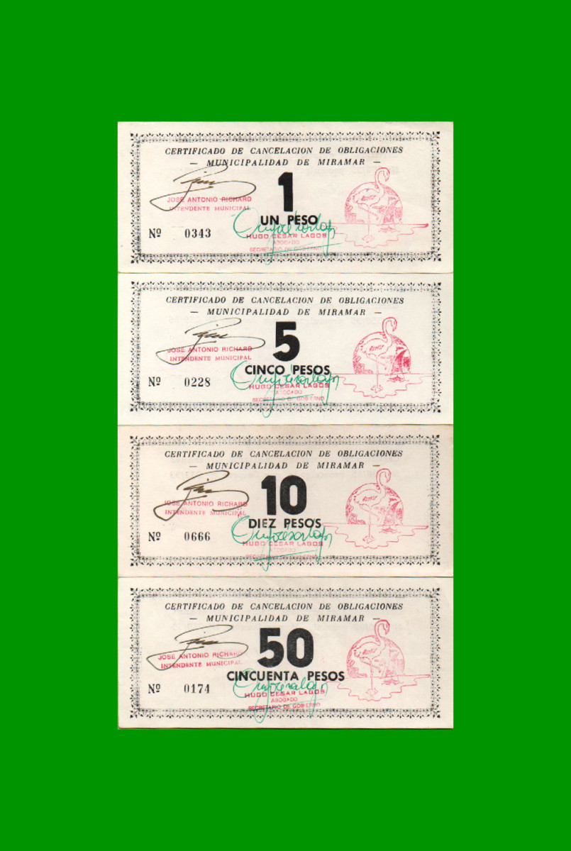 SERIE COMPLETA DE BONOS MUNICIPALIDAD DE MIRAMAR DE ANSENUZA (4) BILLETES, 1, 5, 10 Y 50 PESOS, AÑO EMISION 10/08/1995, ESTADO EXCELENTE+ .-