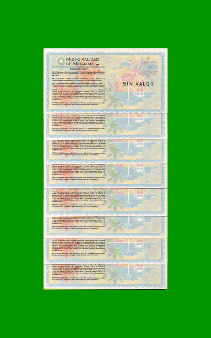 SERIE COMPLETA DE BONOS MUNICIPALIDAD DE MIRAMAR DE ANSENUZA (8) BILLETES, MISMO NRO DE SERIE, AÑO 1997, ESTADO SIN CIRCULAR.- - Imagen 2