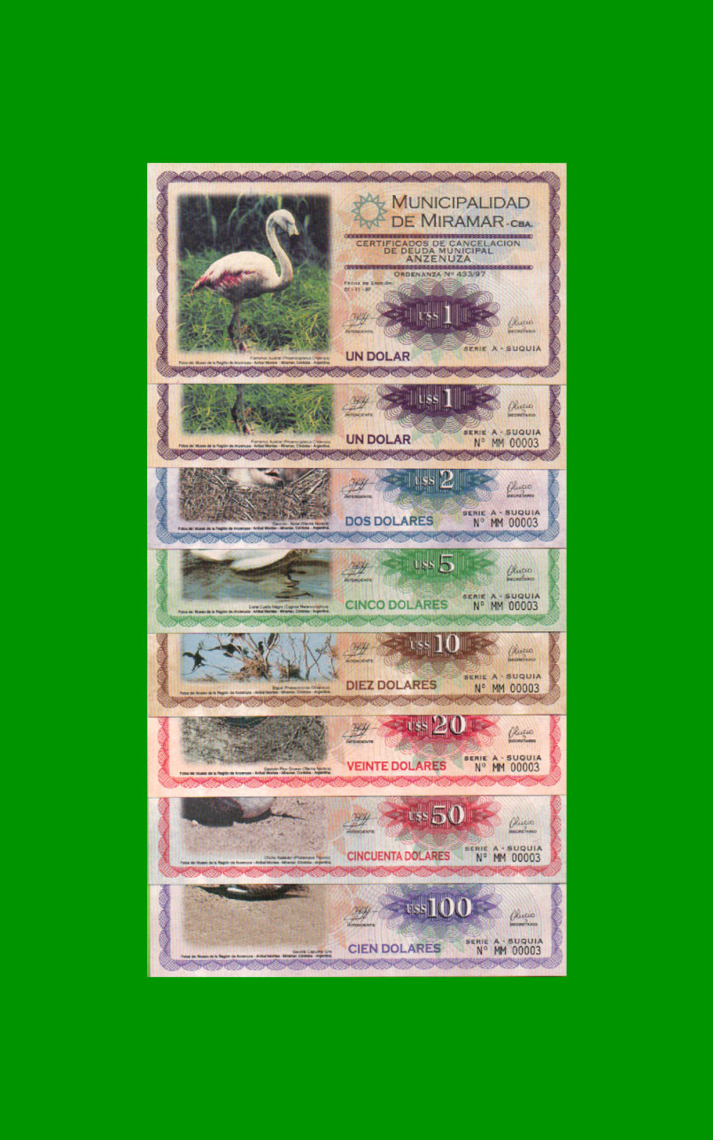 SERIE COMPLETA DE BONOS MUNICIPALIDAD DE MIRAMAR DE ANSENUZA (8) BILLETES, MISMO NRO DE SERIE, AÑO 1997, ESTADO SIN CIRCULAR.-