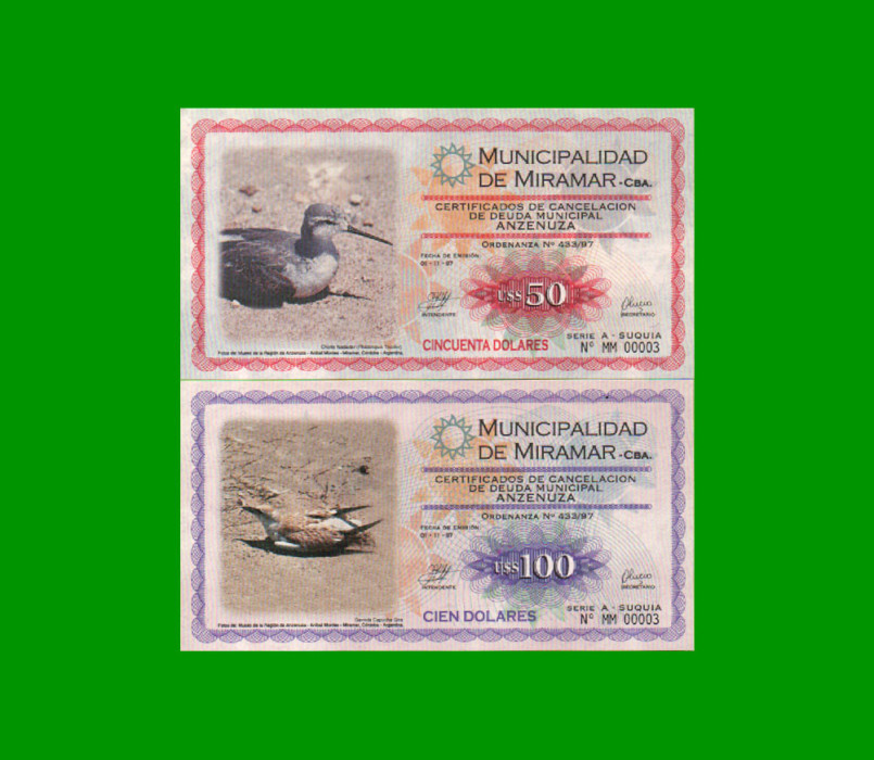 SERIE COMPLETA DE BONOS MUNICIPALIDAD DE MIRAMAR DE ANSENUZA (8) BILLETES, MISMO NRO DE SERIE, AÑO 1997, ESTADO SIN CIRCULAR.- - Imagen 7