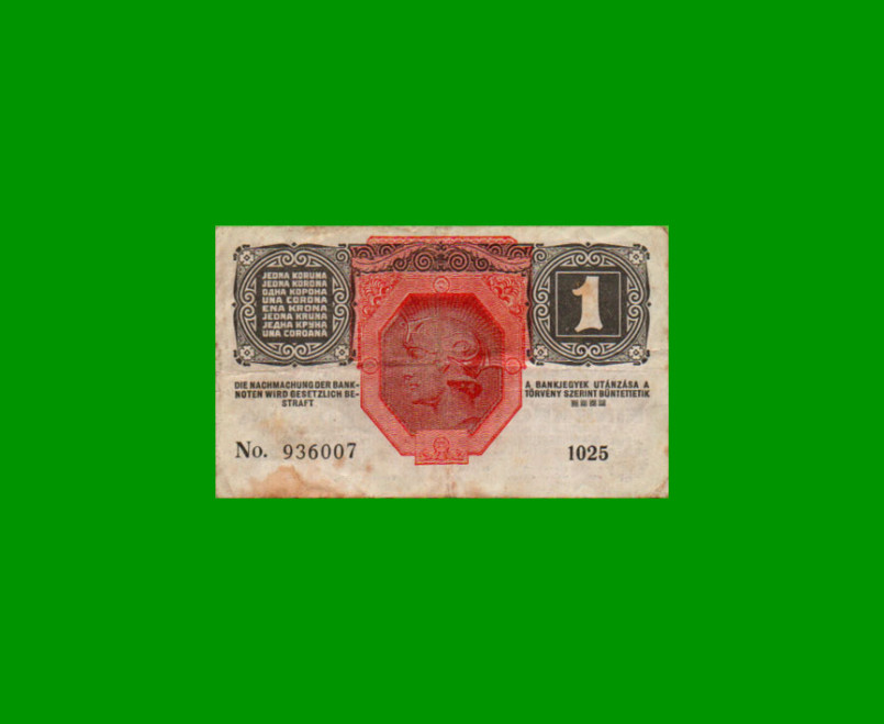 BILLETE DE AUSTRIA 1 CORONA, PICK 20, AÑO 1916, ESTADO BUENO.- - Imagen 2