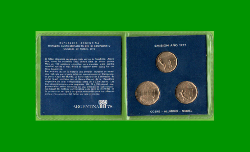 BLISTER SET (3) MONEDAS ARGENTINAS CONMEMORATIVAS, MUNDIAL FUTBOL, AÑO 1977, ESTADO NUEVO.- - Imagen 3