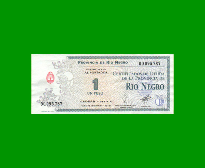 BONO DE RIO NEGRO $ 1,00, EC 374, AÑO 1995, ESTADO MUY BUENO+ .-