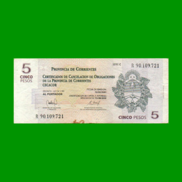 BONO REPOSICION DE CORRIENTES $ 5,00, EC 315R, ESTADO MUY BUENO.-