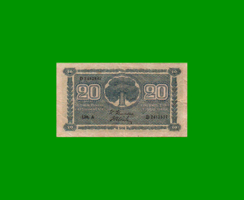 BILLETE DE FINLANDIA 20 MARKKA, PICK 78, AÑO 1945, ESTADO MUY BUENO.-