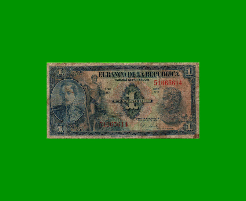 BILLETE DE COLOMBIA $ 1,00, PICK 380g, AÑO 1954, ESTADO BUENO.-