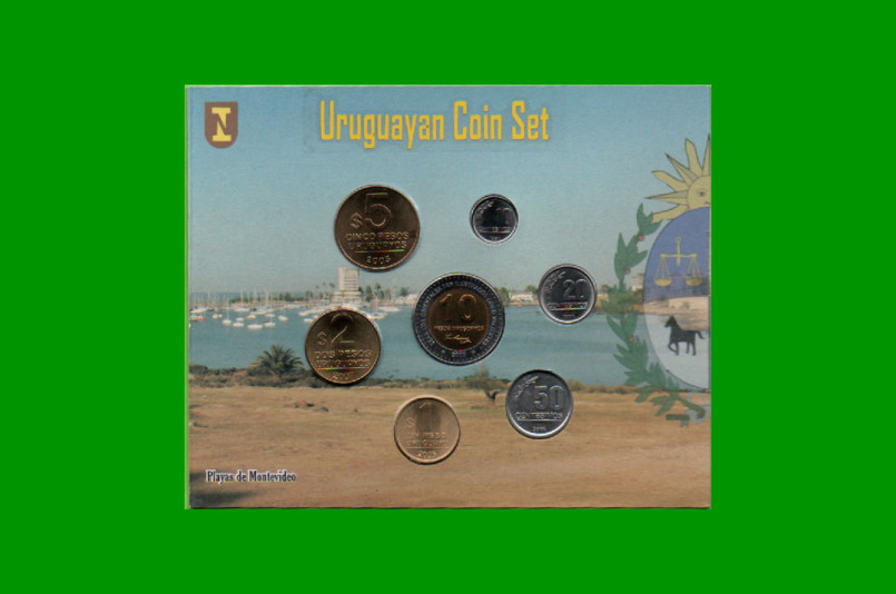 URUGUAY BLISTER DE SET DE SIETE MONEDAS, 10, 20, 50 CTVOS, 1, 2, 5 Y 10 PESOS, AÑO 1994/ 2007, ESTADO NUEVAS.-