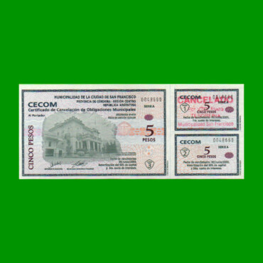 BONO MUNICIPALIDAD DE SAN FRANCISCO $ 5,00, CANCELADO POR VTO EN SELLO, AÑO 2001, SERIE A, ESTADO SIN CIRCULAR.-