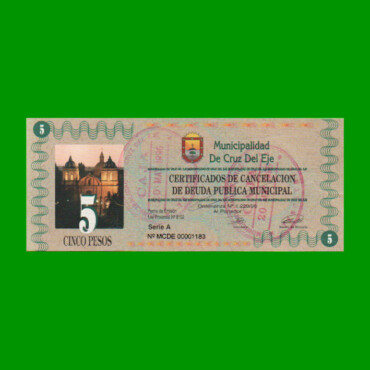 BONO MUNICIPALIDAD DE CRUZ DEL EJE $ 5,00, SELLADO, AÑO 1996, SERIE A, ESTADO EXCELENTE+ .-
