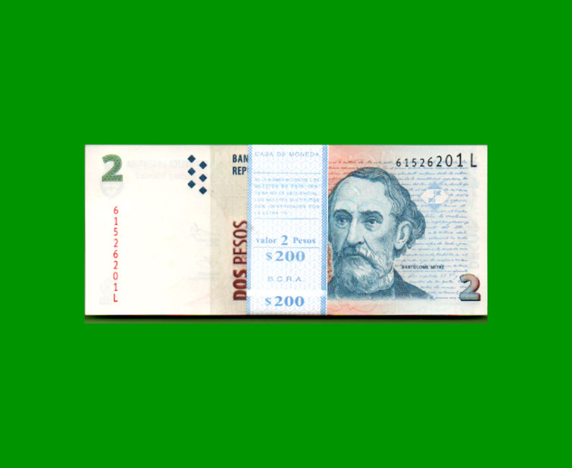 FAJO DE BILLETES DE PESOS CONVERTIBLES 2do DISEÑO $2,00, BOT 3242, PICK 352, AÑO 2013, ESTADO SIN CIRCULAR.-