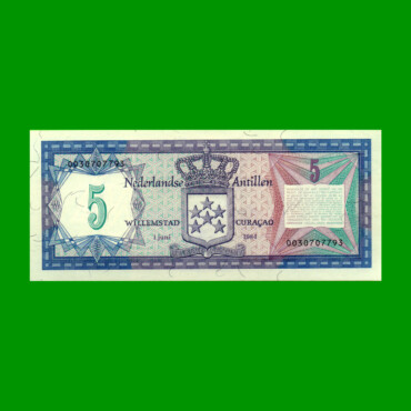 BILLETE DE ANTILLAS HOLANDESAS 5 GULDEN, PICK 15b, AÑO 1984, ESTADO SIN CIRCULAR.-