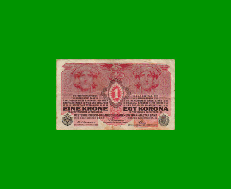 BILLETE DE AUSTRIA 1 CORONA, PICK 20, AÑO 1916, ESTADO BUENO.-