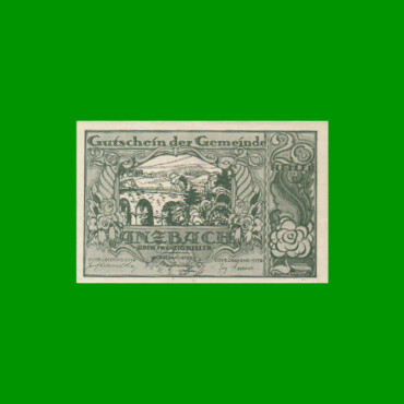 BILLETE DE AUSTRIA NOTGELD CIUDAD DE ANZABACH 20 HELLER, ESTADO EXCELENTE+ .-