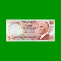 BILLETE DE TURQUIA 20 LIRAS, PICK 187a, AÑO L. 1970 (1974), ESTADO SIN CIRCULAR.-