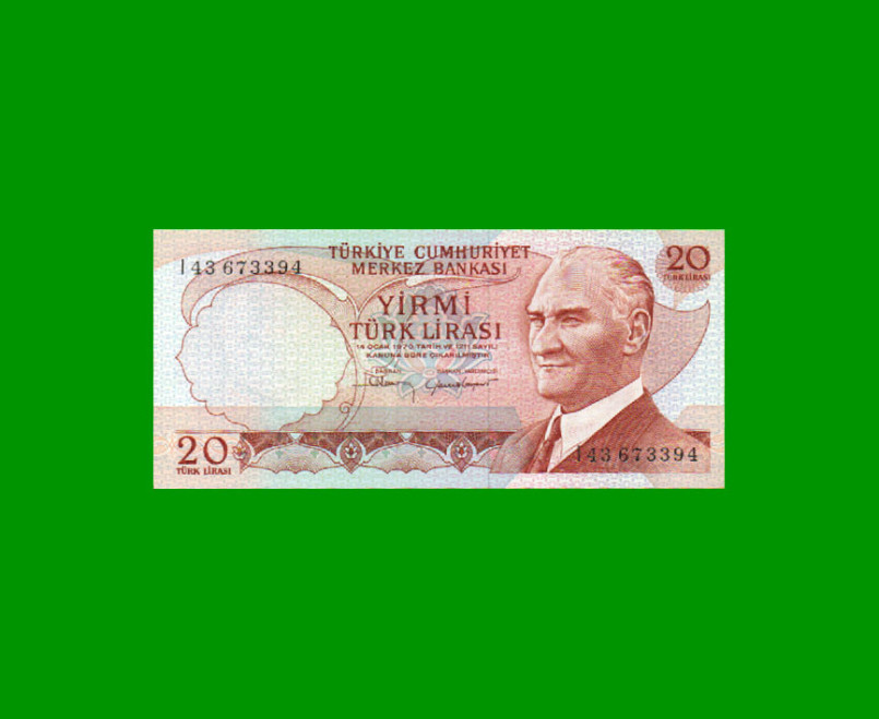 BILLETE DE TURQUIA 20 LIRAS, PICK 187a, AÑO L. 1970 (1974), ESTADO SIN CIRCULAR.-