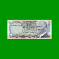 BILLETE DE TURQUIA 5 LIRAS, PICK 185, AÑO L. 1970 (1976), ESTADO SIN CIRCULAR.-