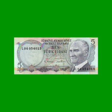 BILLETE DE TURQUIA 5 LIRAS, PICK 185, AÑO L. 1970 (1976), ESTADO SIN CIRCULAR.-