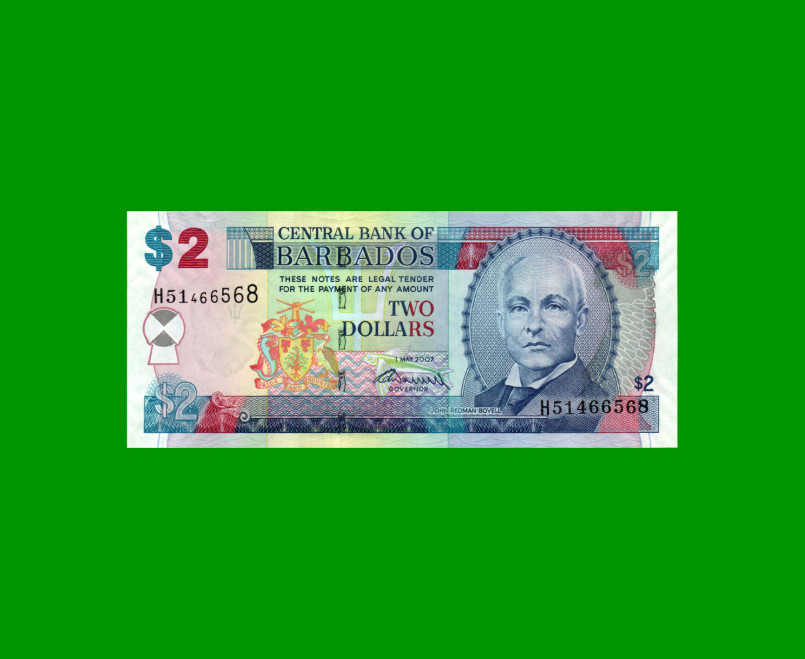 BILLETE DE BARBADOS 2 DOLARES, PICK 66, AÑO 2007, ESTADO SIN CIRCULAR.-