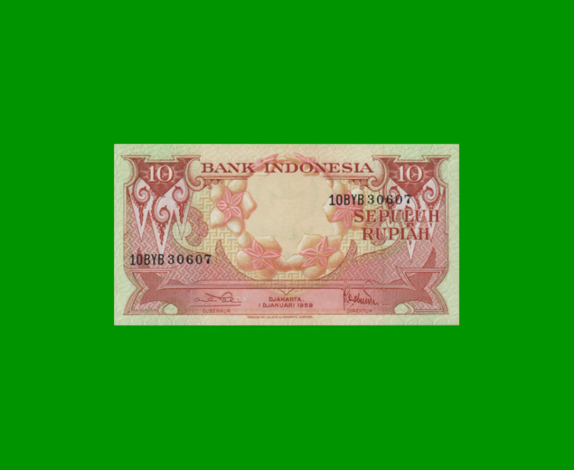 BILLETE DE INDONESIA 10 RUPIAS, PICK 66, AÑO 1959, ESTADO SIN CIRCULAR.-