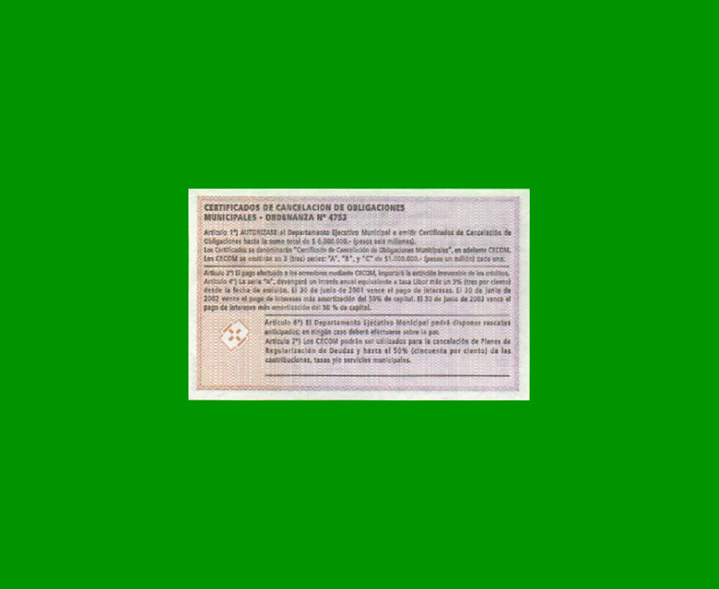 BONO MUNICIPALIDAD DE SAN FRANCISCO $ 100,00, DESMONETIZADO, AÑO 2001, SERIE A, ESTADO SIN CIRCULAR.- - Imagen 2