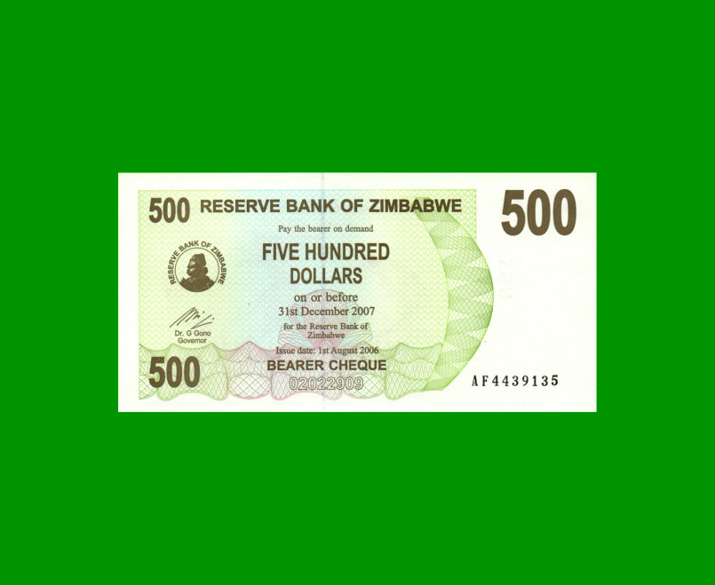 BILLETE DE ZIMBABWE 500 DOLARES, PICK 43, ESTADO SIN CIRCULAR.-