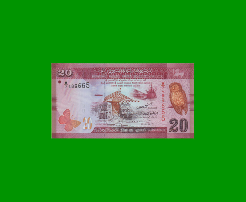 BILLETE DE SRI LANKA 20 RUPIAS, PICK 123a, AÑO 2010, ESTADO SIN CIRCULAR.-