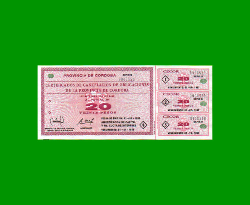 BONO DE CORDOBA $ 20,00, EC 266, AÑO 1996, SERIE B, ESTADO EXCELENTE+ .-