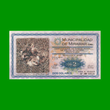 BONO MUNICIPALIDAD DE MIRAMAR DE ANSENUZA 2 DOLARES, AÑO EMISION: 01/11/97, ESTADO SIN CIRCULAR.-