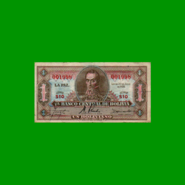 BILLETE DE BOLIVIA 1 BOLIVIANO, PICK 128, AÑO 1928, ESTADO BUENO.-