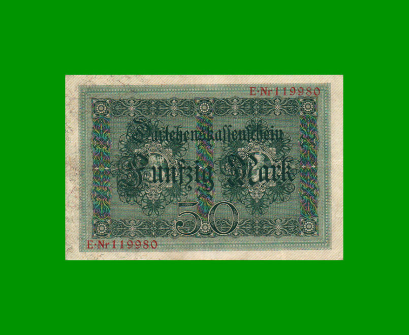 BILLETE DE ALEMANIA 50 MARCOS, PICK 49a, AÑO 1914, ESTADO MUY BUENO+ .- - Imagen 2