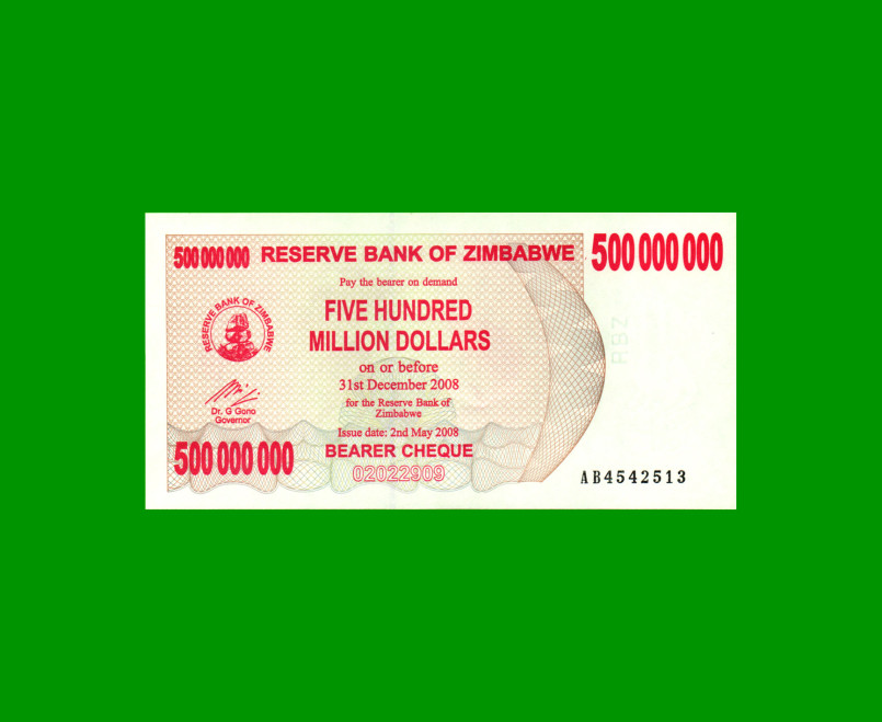 BILLETE DE ZIMBABWE 500.000.000 DOLARES, PICK 60, ESTADO SIN CIRCULAR.-